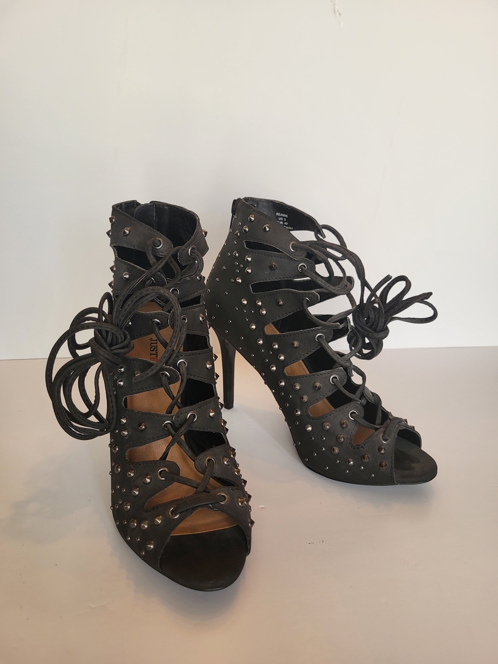 JustFab Black Studded Lace-Up Peep-Toe Heels